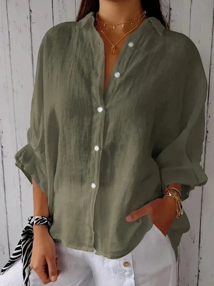 Women's Relaxed-Fit Long-Sleeve Linen Blouse Button-Up Shirt