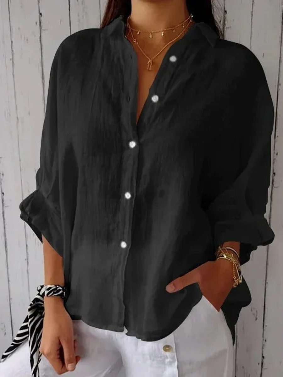 Women's Relaxed-Fit Long-Sleeve Linen Blouse Button-Up Shirt