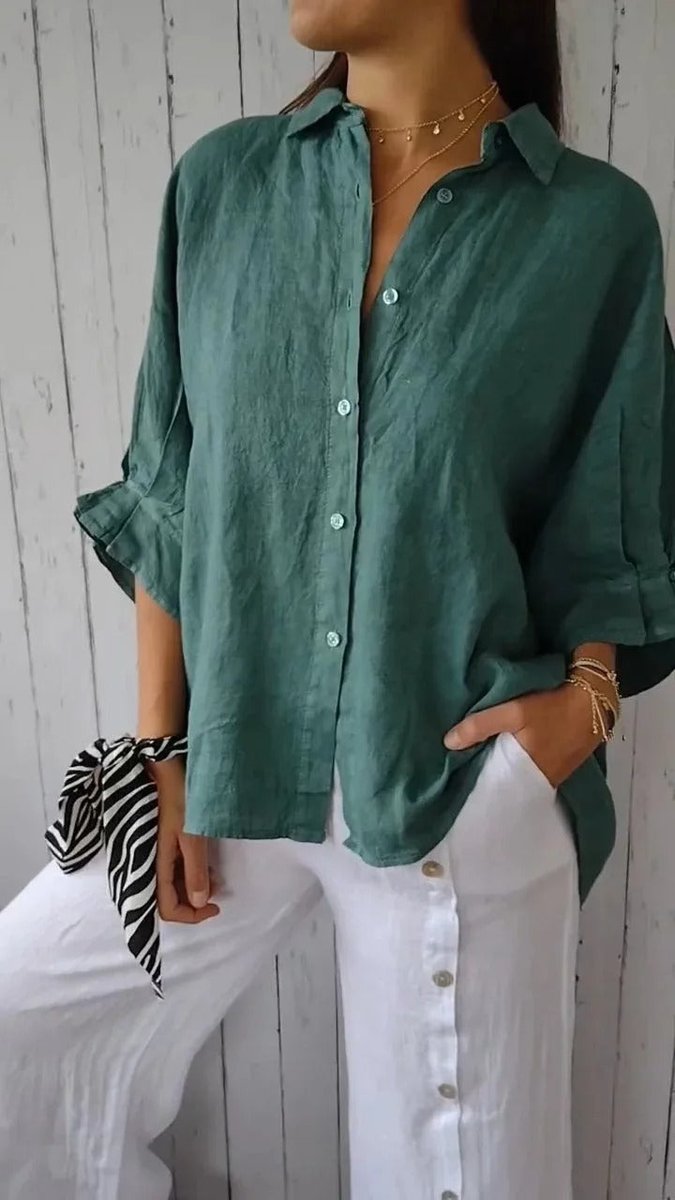Women's Relaxed-Fit Long-Sleeve Linen Blouse Button-Up Shirt