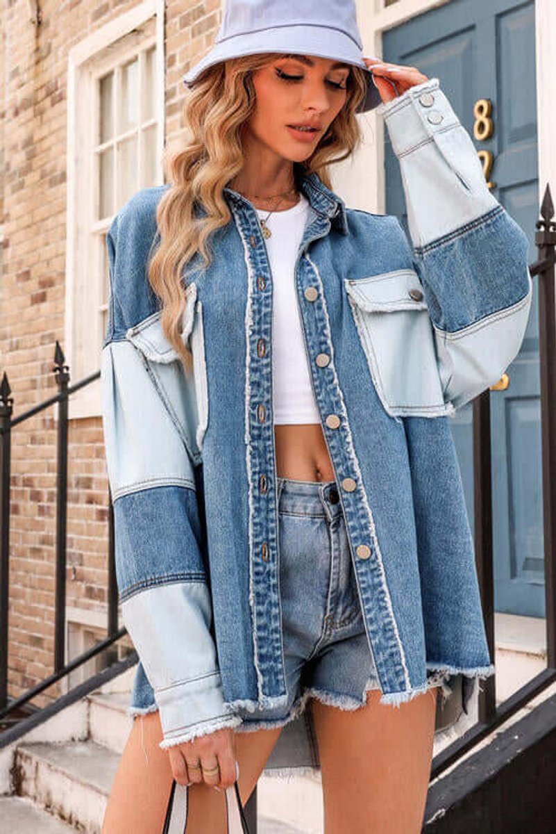 Womens Relaxed Fit Patchwork Denim Jacket Coat Raw Hem