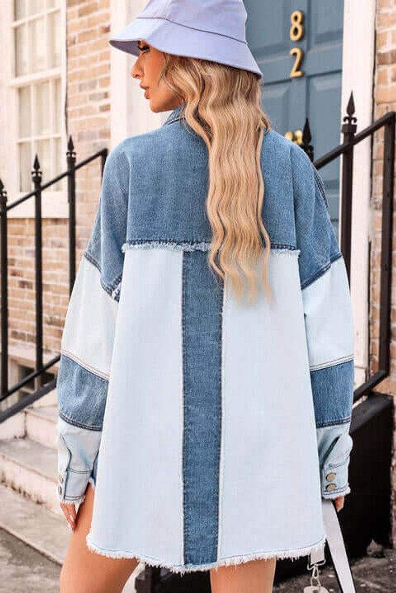 Womens Relaxed Fit Patchwork Denim Jacket Coat Raw Hem