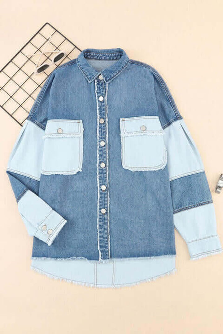 Womens Relaxed Fit Patchwork Denim Jacket Coat Raw Hem