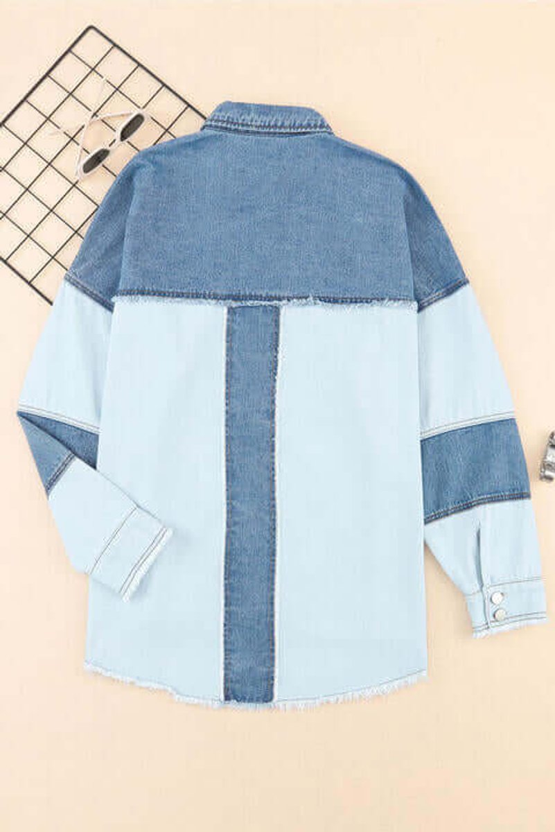 Womens Relaxed Fit Patchwork Denim Jacket Coat Raw Hem
