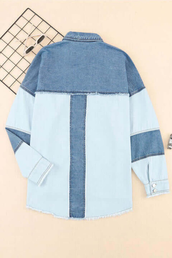 Womens Relaxed Fit Patchwork Denim Jacket Coat Raw Hem