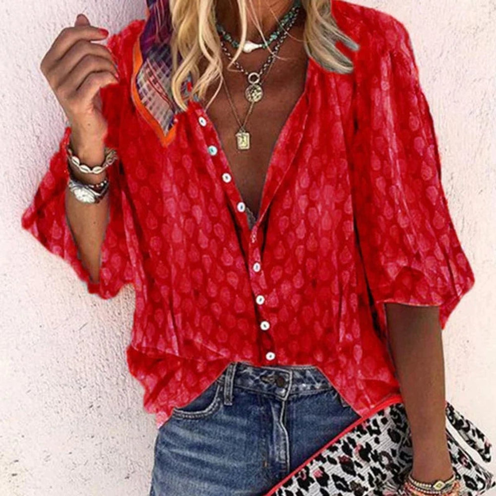 Women's Relaxed-Fit Polka-Dot Vintage Blouse Button-Down Summer Top