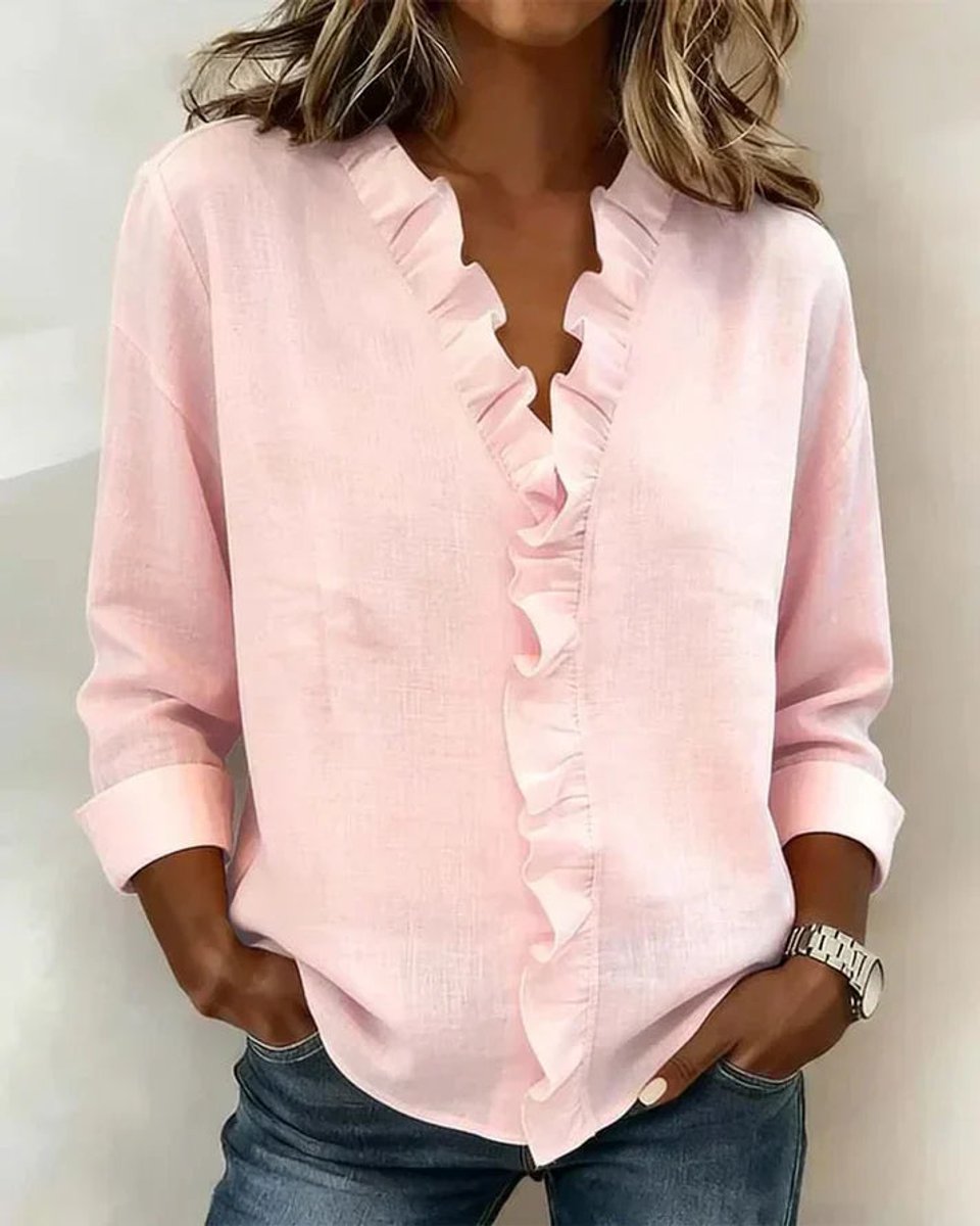 Women's Relaxed-Fit Ruffle V-Neck Long-Sleeve Blouse