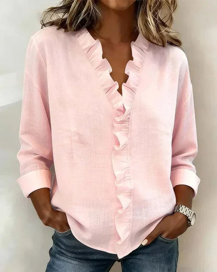 Women's Relaxed-Fit Ruffle V-Neck Long-Sleeve Blouse