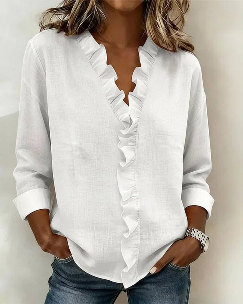 Women's Relaxed-Fit Ruffle V-Neck Long-Sleeve Blouse