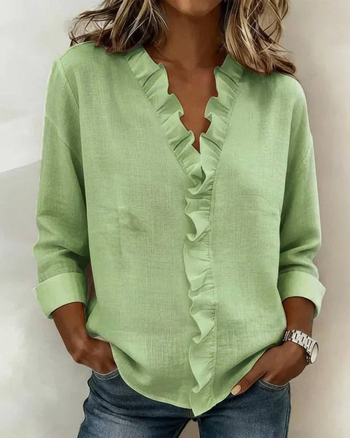 Women's Relaxed-Fit Ruffle V-Neck Long-Sleeve Blouse