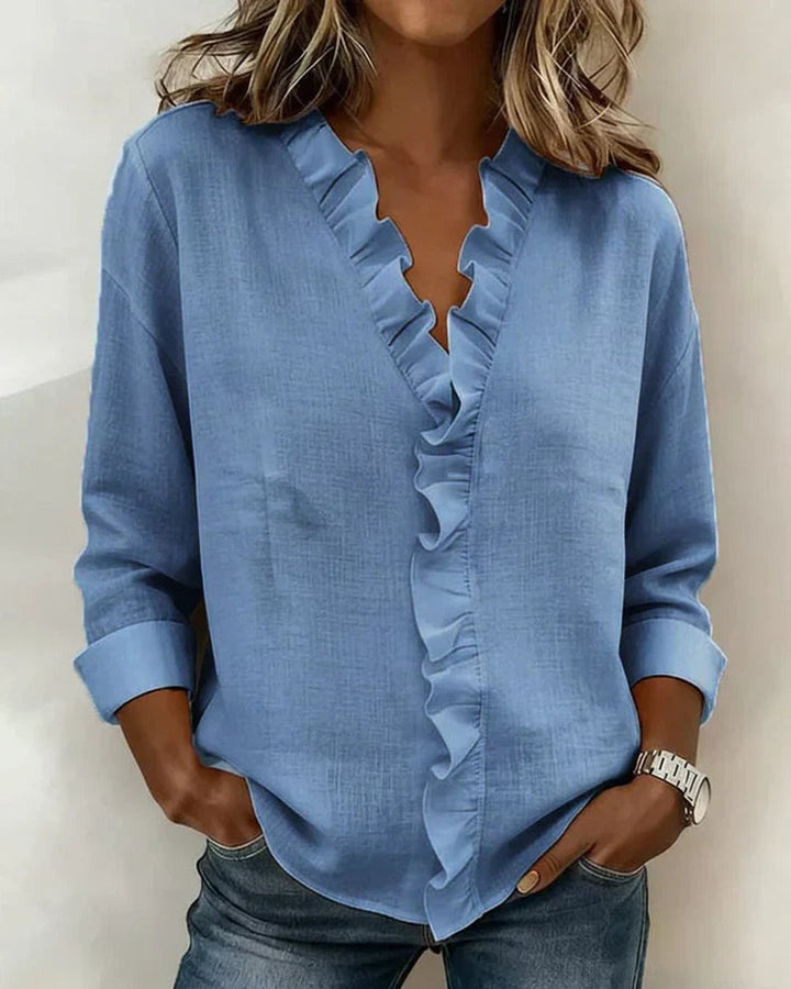 Women's Relaxed-Fit Ruffle V-Neck Long-Sleeve Blouse