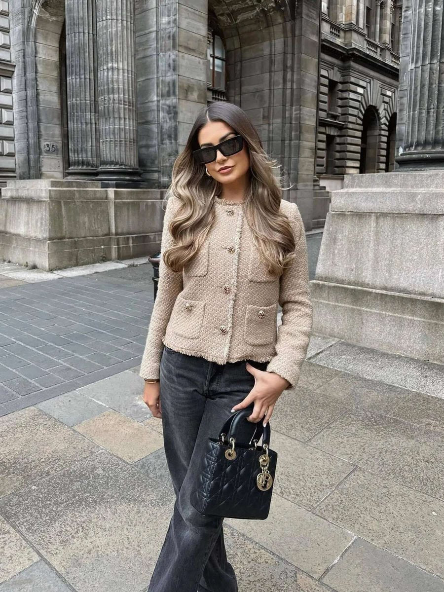 Women's Relaxed-Fit Tweed Coat Jacket Gold-Button Outerwear