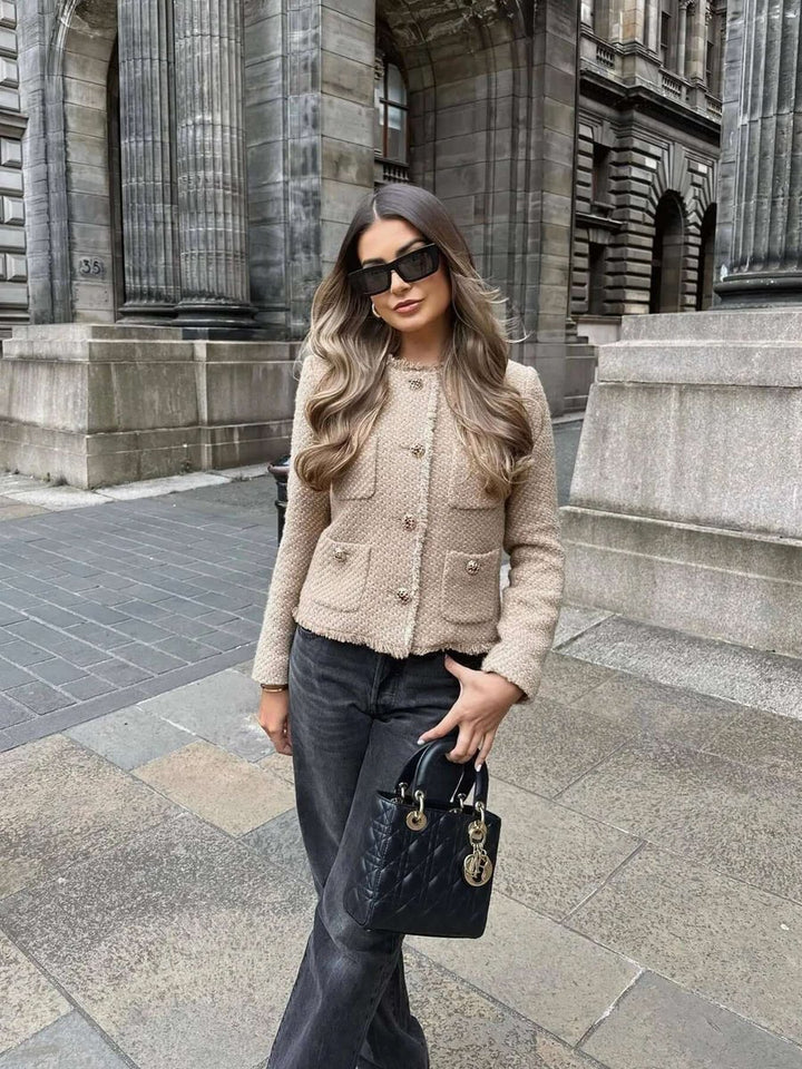 Women's Relaxed-Fit Tweed Coat Jacket Gold-Button Outerwear