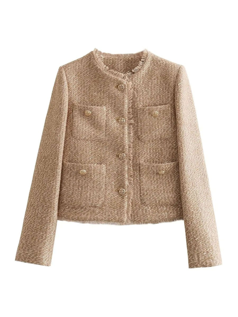 Women's Relaxed-Fit Tweed Coat Jacket Gold-Button Outerwear