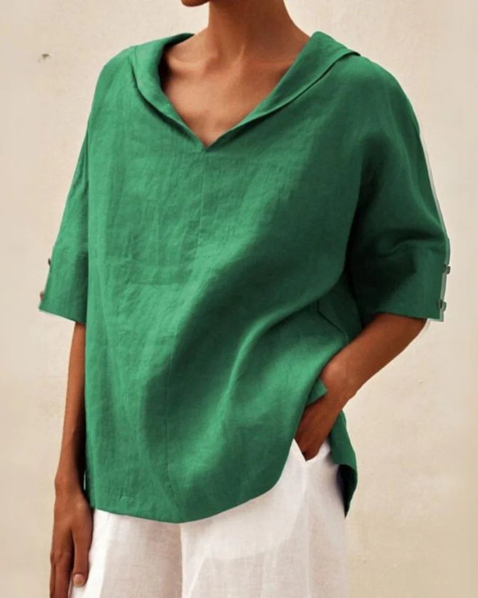 Women's Relaxed-Fit V-Neck Linen Blouse Half-Sleeve Top