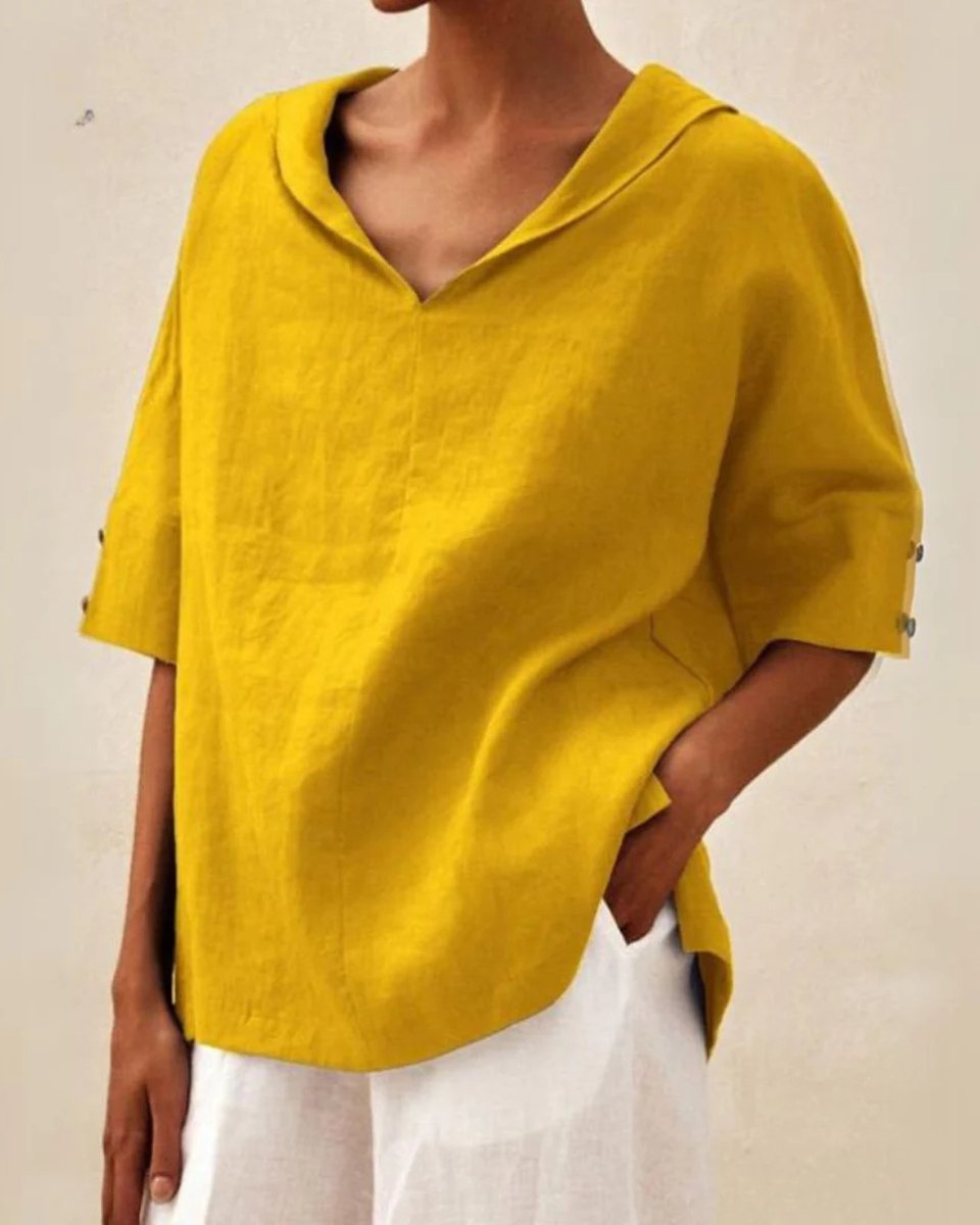 Women's Relaxed-Fit V-Neck Linen Blouse Half-Sleeve Top