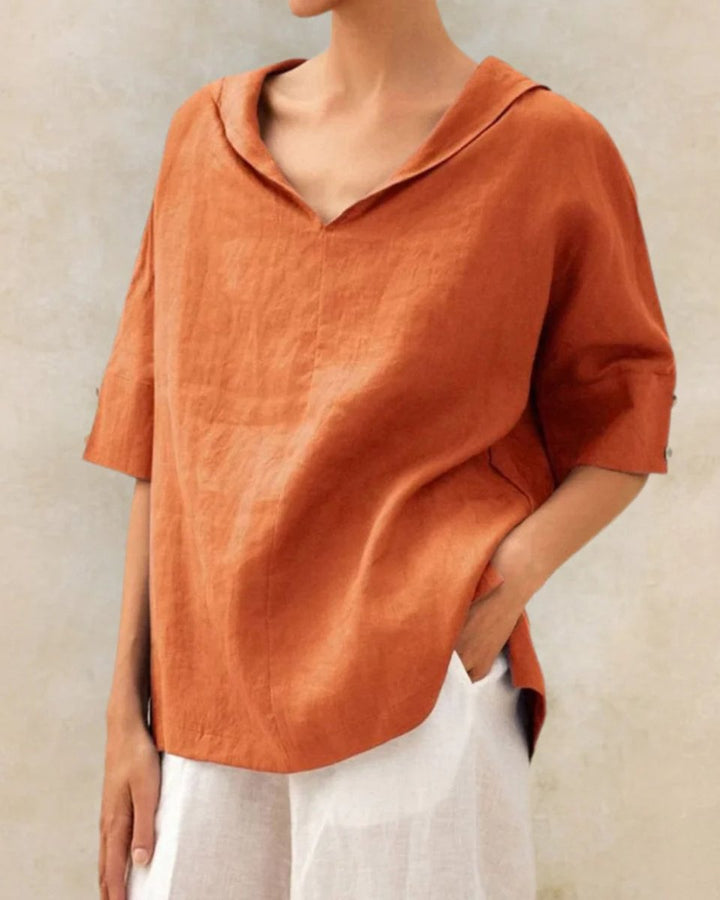 Women's Relaxed-Fit V-Neck Linen Blouse Half-Sleeve Top
