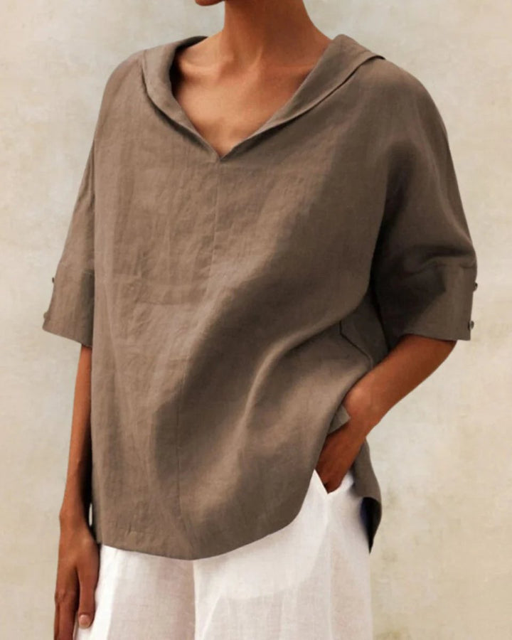 Women's Relaxed-Fit V-Neck Linen Blouse Half-Sleeve Top