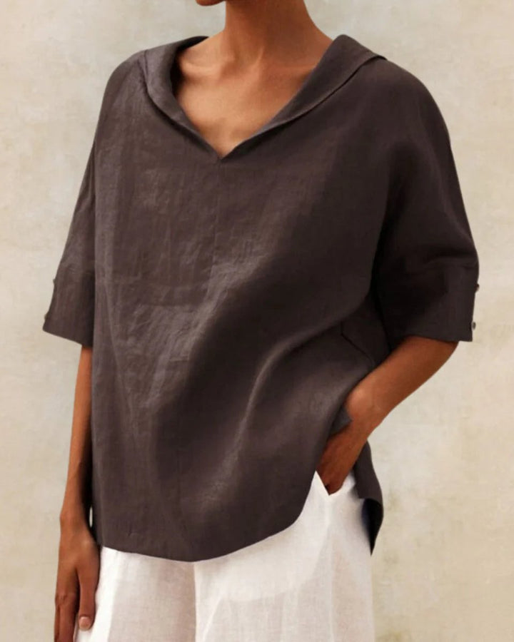 Women's Relaxed-Fit V-Neck Linen Blouse Half-Sleeve Top