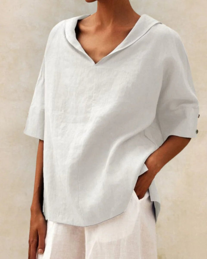 Women's Relaxed-Fit V-Neck Linen Blouse Half-Sleeve Top