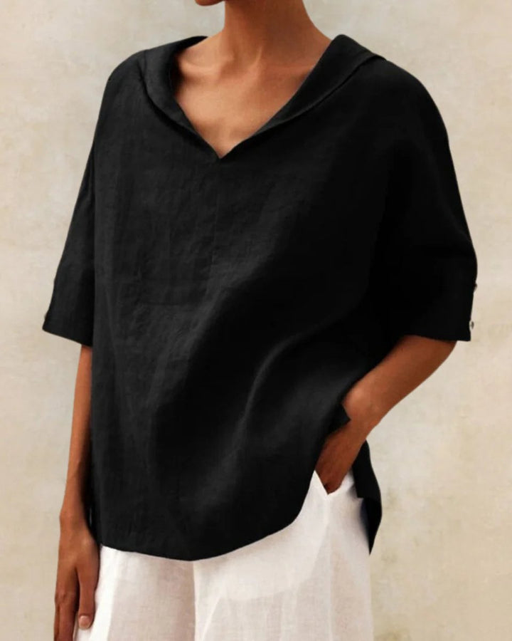 Women's Relaxed-Fit V-Neck Linen Blouse Half-Sleeve Top