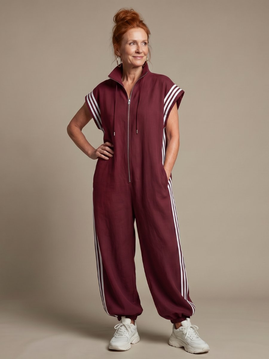 Women's Relaxed-Fit Zip-Front Stripe-Panel Everyday Jumpsuit