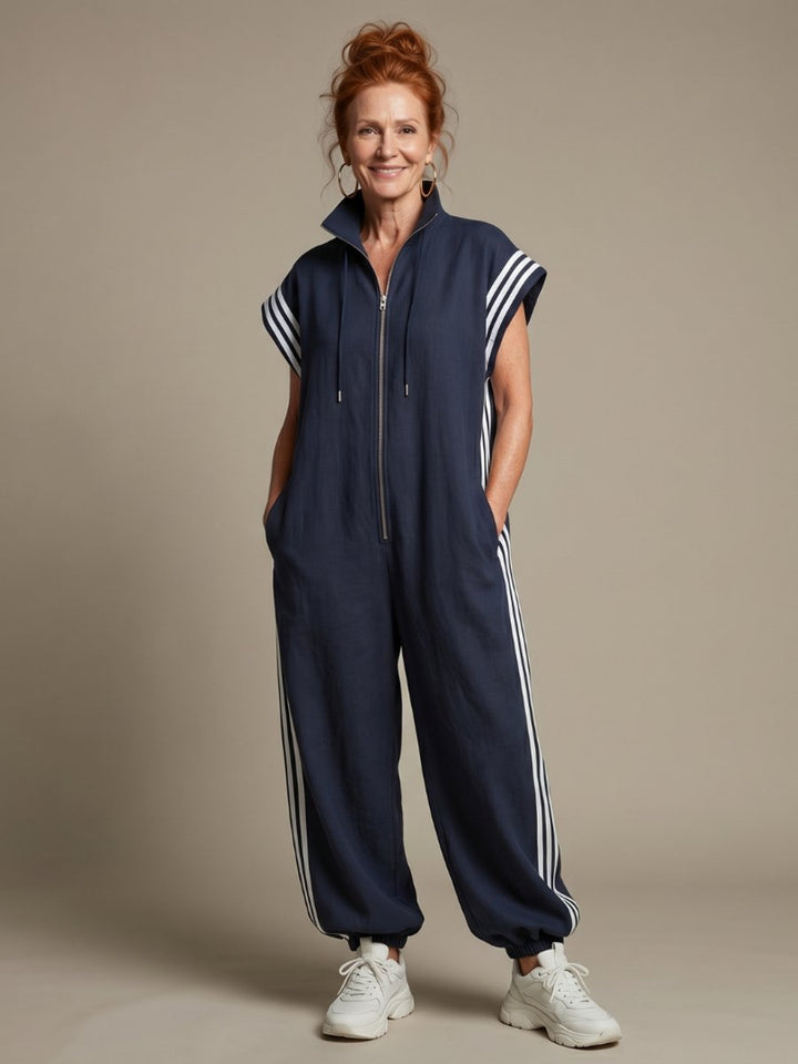 Women's Relaxed-Fit Zip-Front Stripe-Panel Everyday Jumpsuit