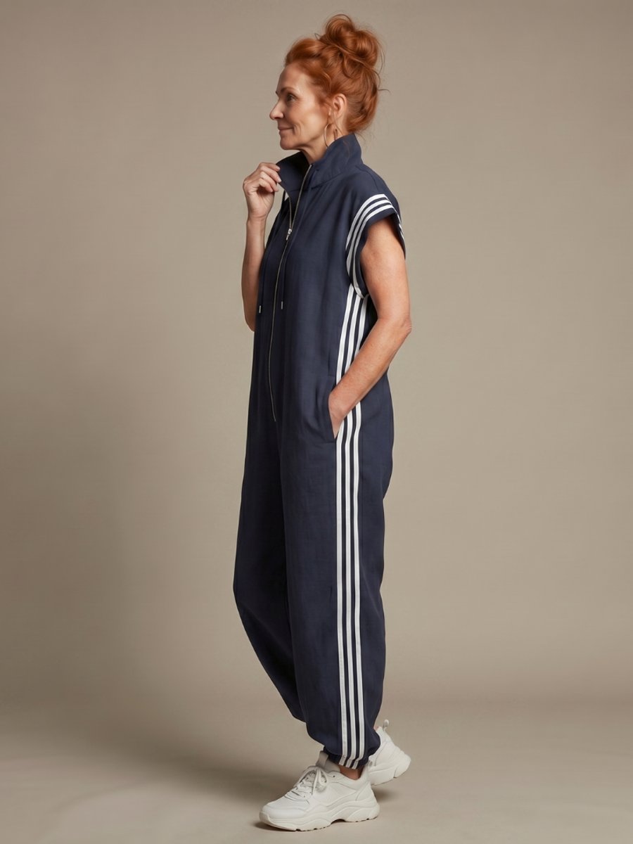 Women's Relaxed-Fit Zip-Front Stripe-Panel Everyday Jumpsuit