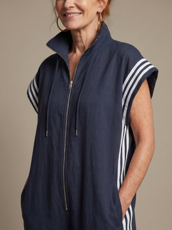 Women's Relaxed-Fit Zip-Front Stripe-Panel Everyday Jumpsuit