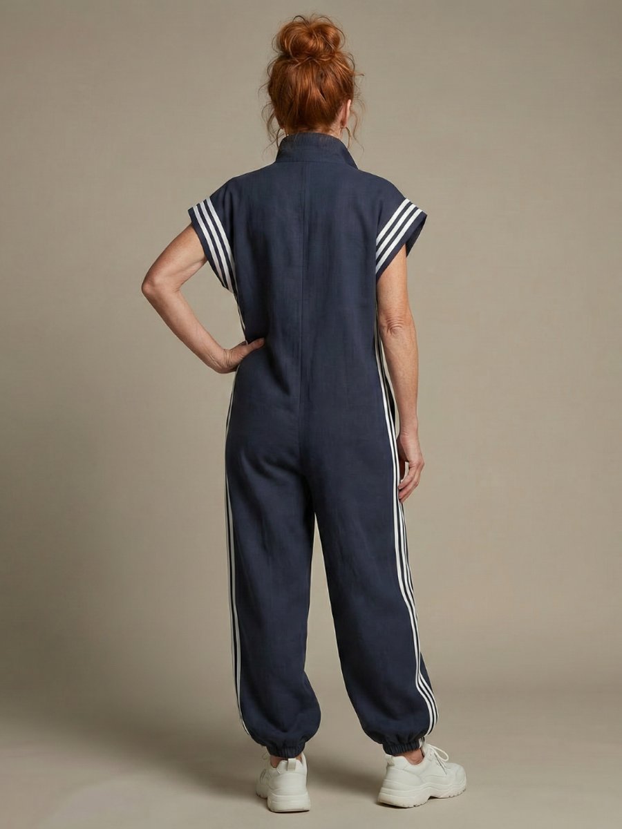 Women's Relaxed-Fit Zip-Front Stripe-Panel Everyday Jumpsuit