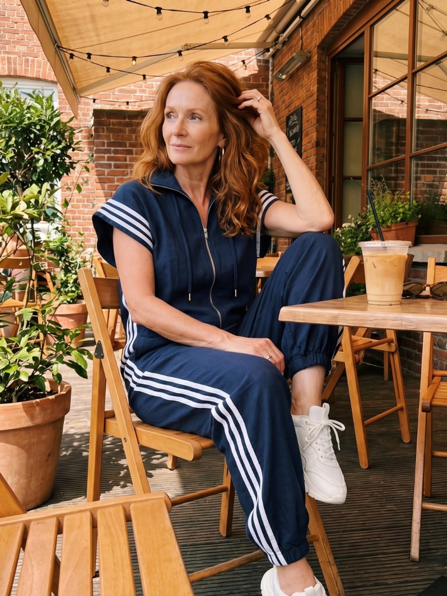 Women's Relaxed-Fit Zip-Front Stripe-Panel Everyday Jumpsuit