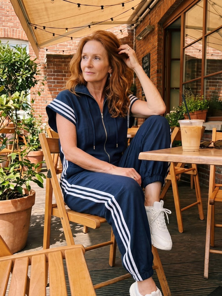 Women's Relaxed-Fit Zip-Front Stripe-Panel Everyday Jumpsuit