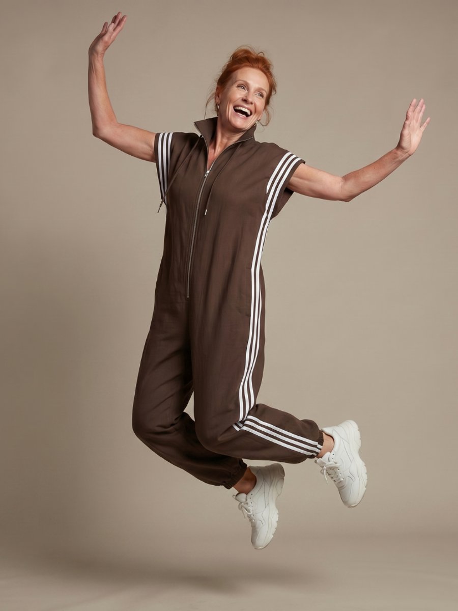 Women's Relaxed-Fit Zip-Front Stripe-Panel Everyday Jumpsuit