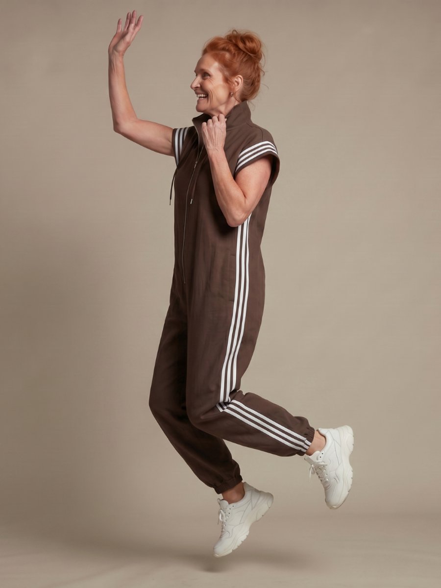 Women's Relaxed-Fit Zip-Front Stripe-Panel Everyday Jumpsuit
