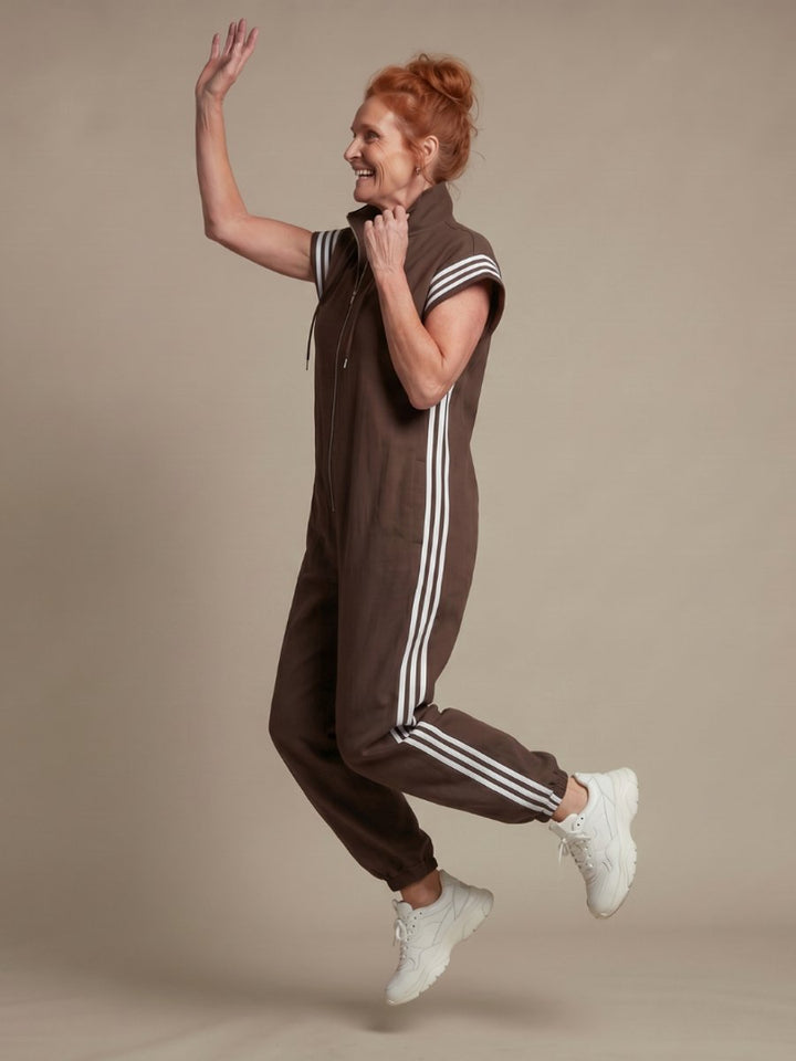 Women's Relaxed-Fit Zip-Front Stripe-Panel Everyday Jumpsuit