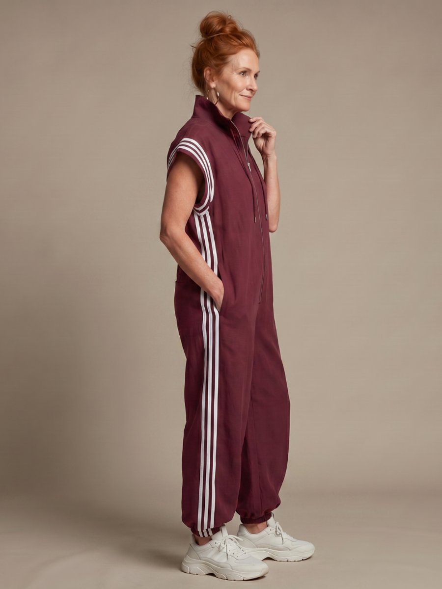 Women's Relaxed-Fit Zip-Front Stripe-Panel Everyday Jumpsuit
