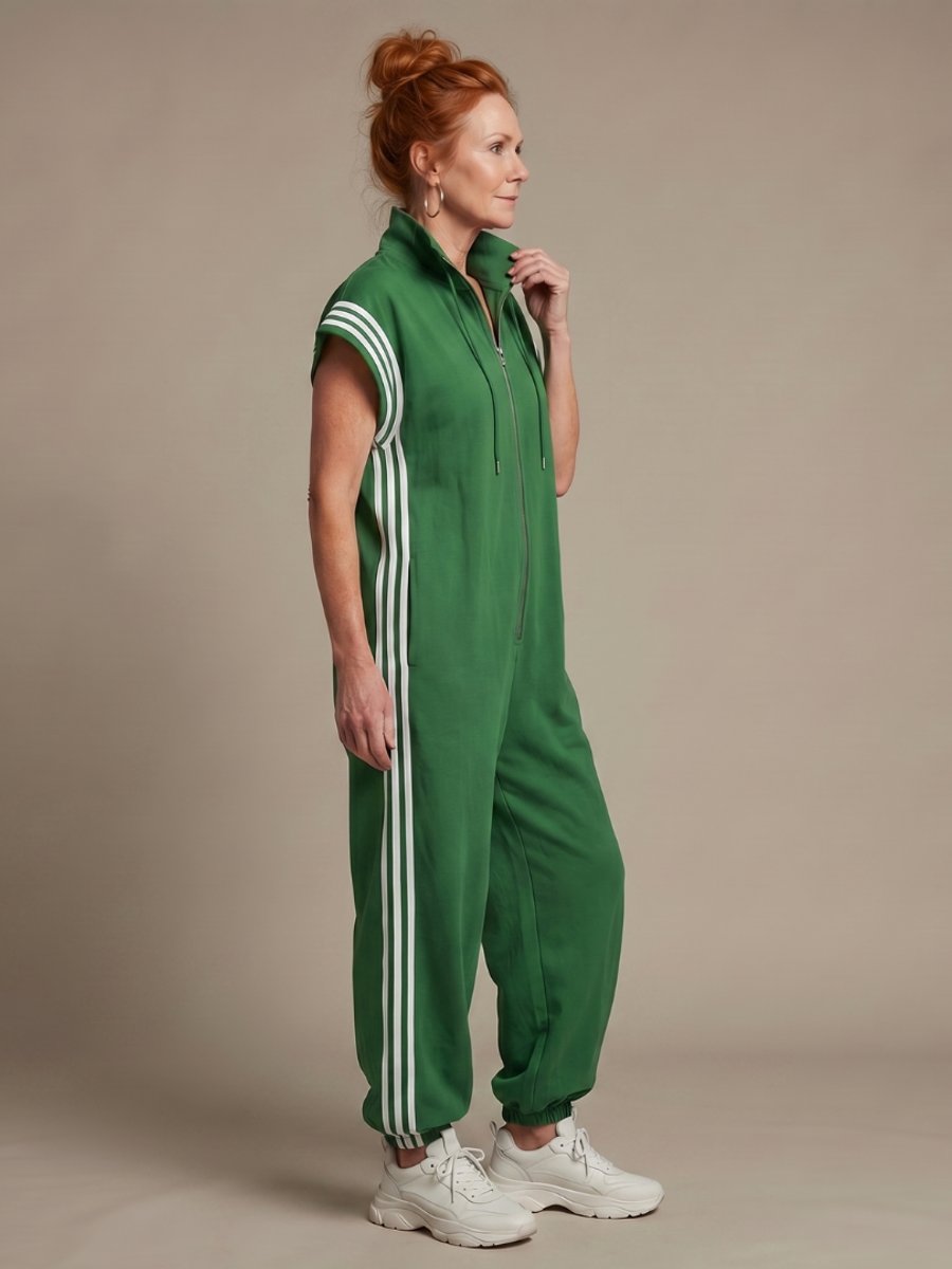 Women's Relaxed-Fit Zip-Front Stripe-Panel Everyday Jumpsuit