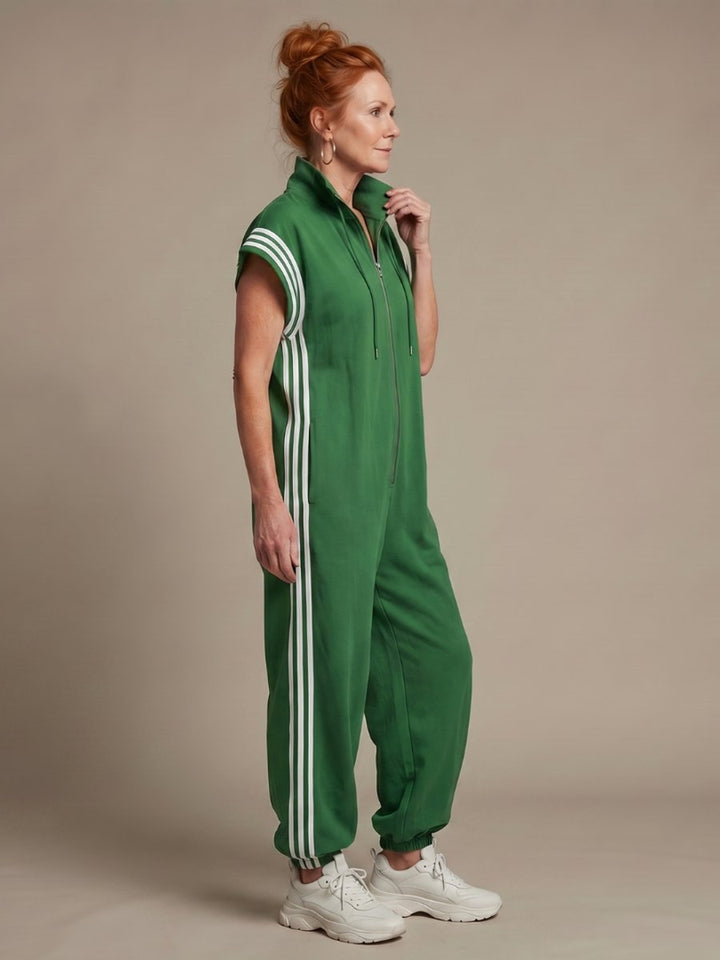 Women's Relaxed-Fit Zip-Front Stripe-Panel Everyday Jumpsuit