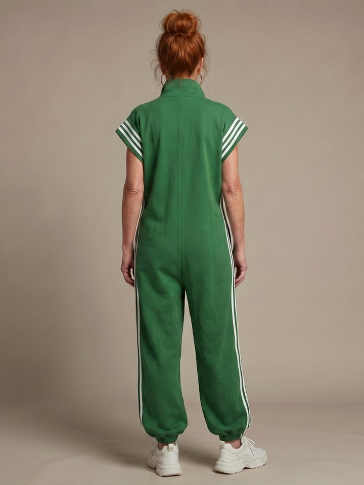 Women's Relaxed-Fit Zip-Front Stripe-Panel Everyday Jumpsuit
