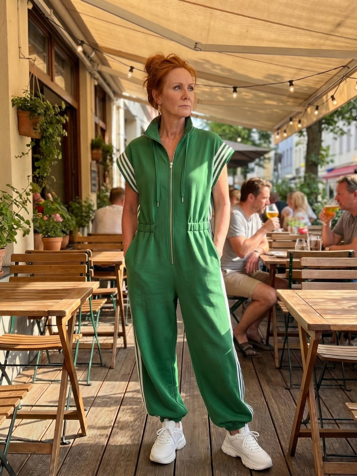 Women's Relaxed-Fit Zip-Front Stripe-Panel Everyday Jumpsuit