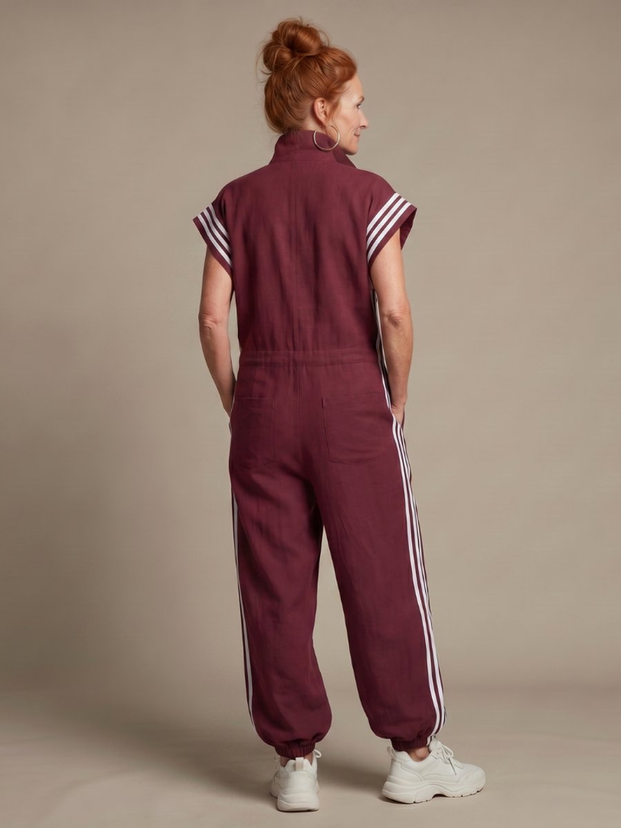 Women's Relaxed-Fit Zip-Front Stripe-Panel Everyday Jumpsuit