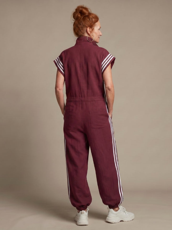 Women's Relaxed-Fit Zip-Front Stripe-Panel Everyday Jumpsuit