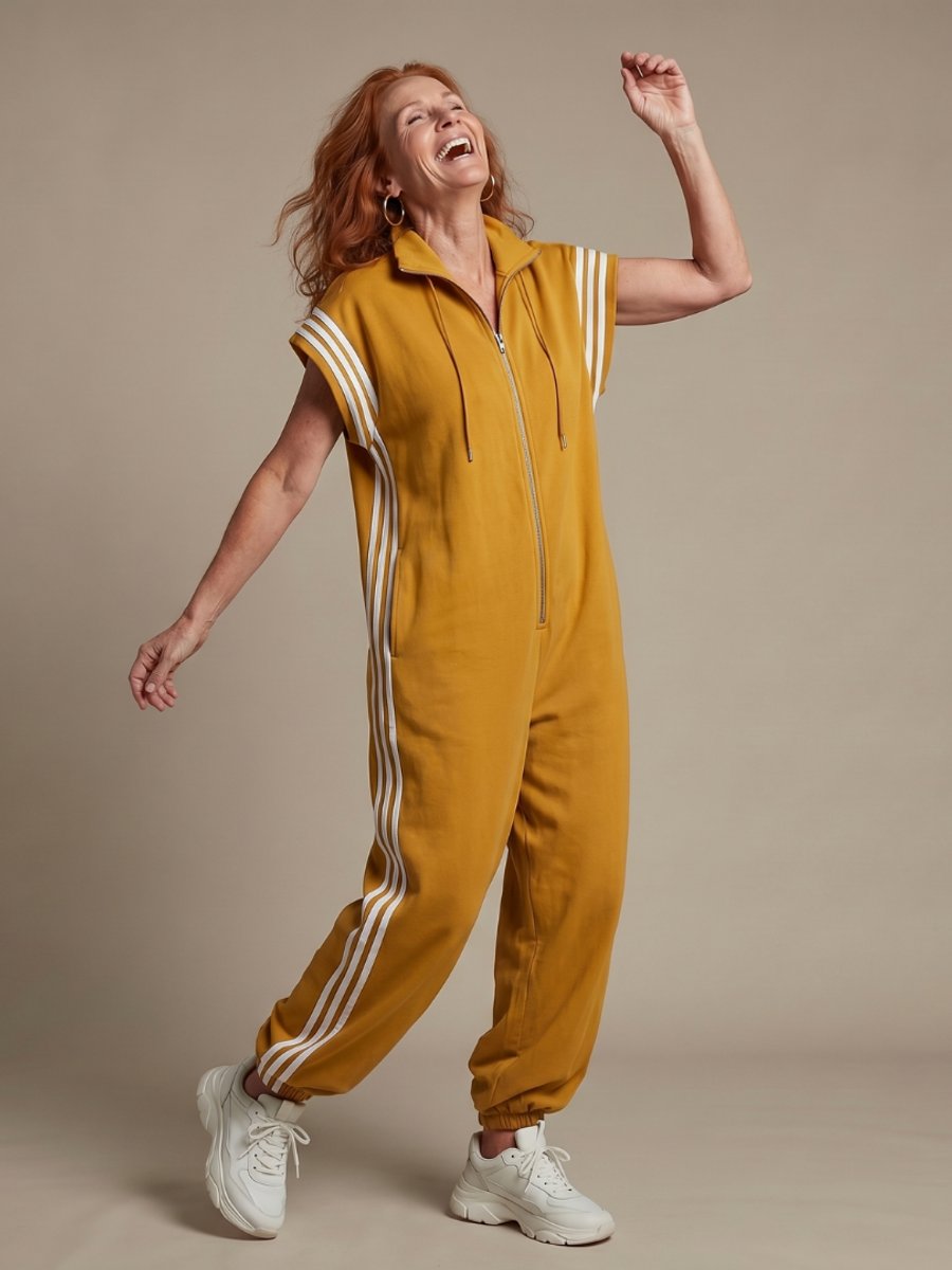 Women's Relaxed-Fit Zip-Front Stripe-Panel Everyday Jumpsuit