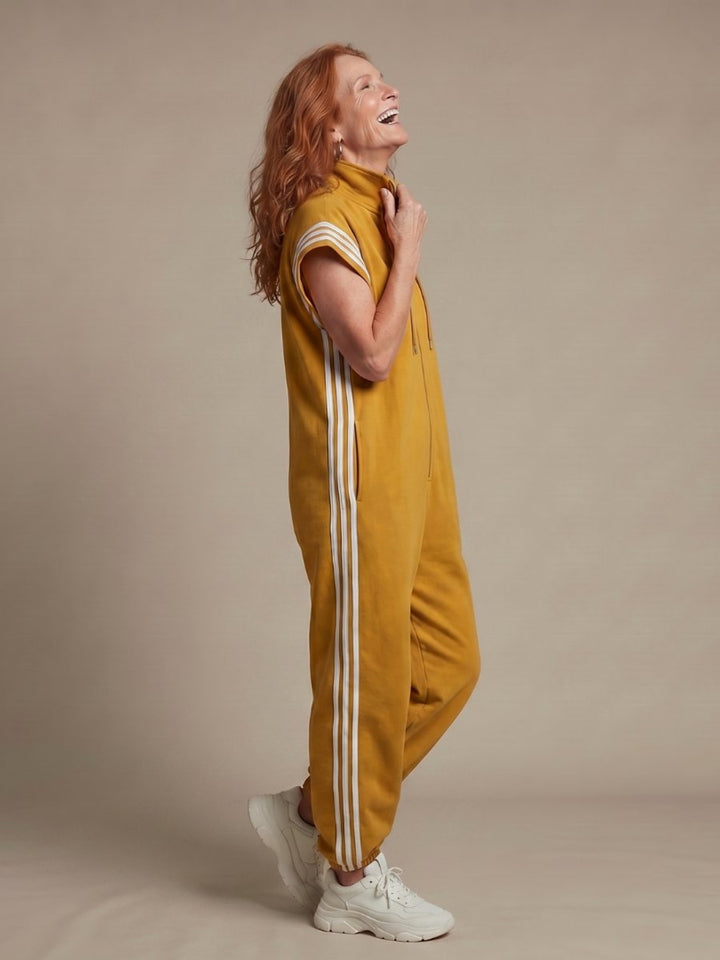 Women's Relaxed-Fit Zip-Front Stripe-Panel Everyday Jumpsuit