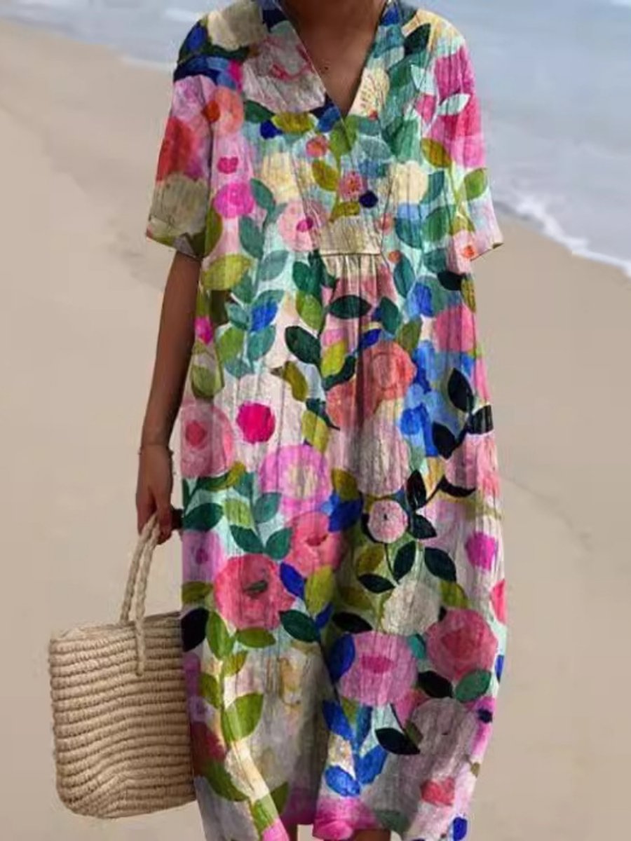 Women's Relaxed Floral Print Everyday Day Dress Short Sleeve Midi