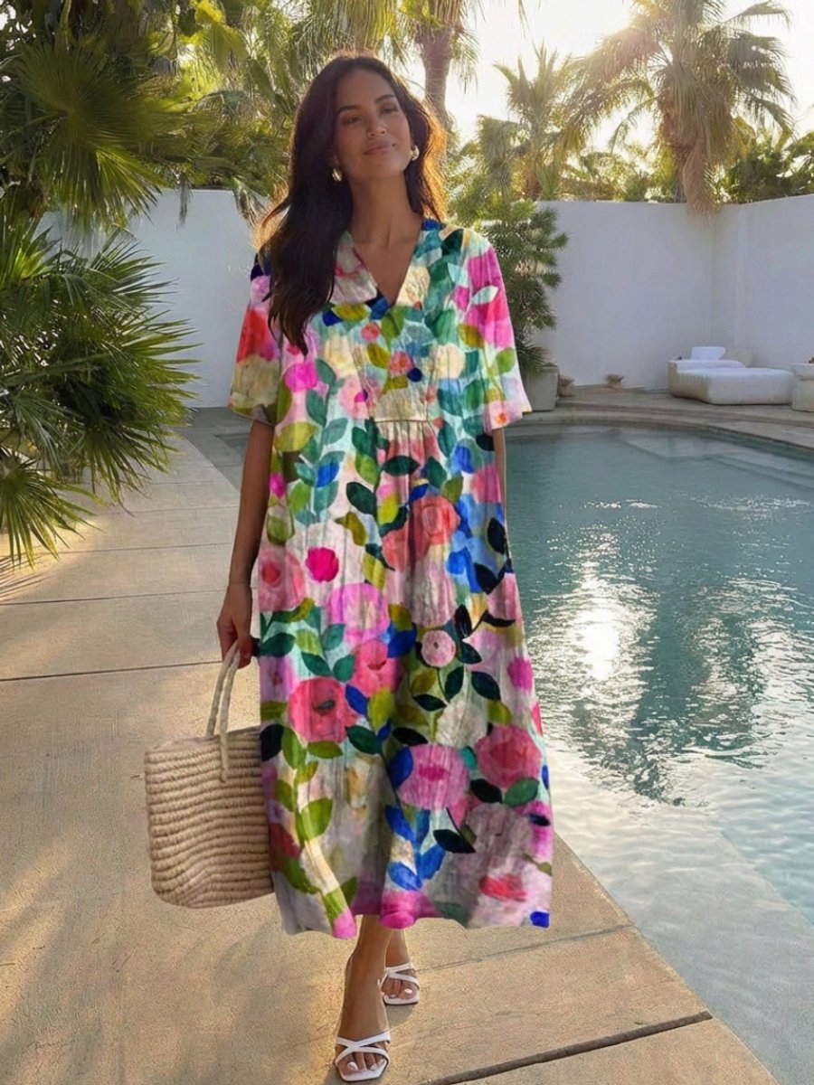 Women's Relaxed Floral Print Everyday Day Dress Short Sleeve Midi