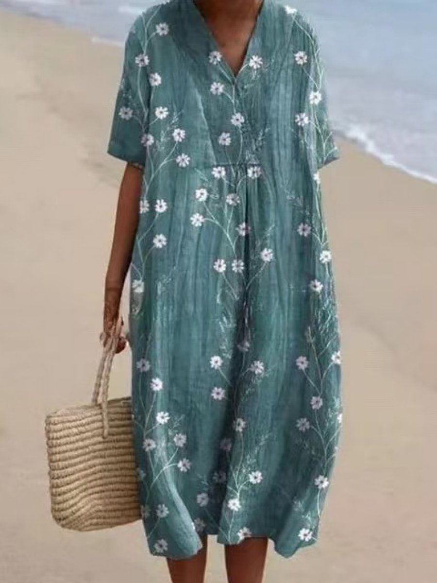 Women's Relaxed Floral Print Everyday Day Dress Short Sleeve Midi