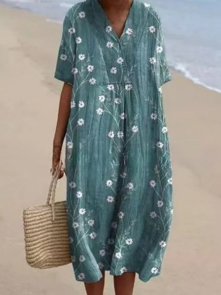 Women's Relaxed Floral Print Everyday Day Dress Short Sleeve Midi