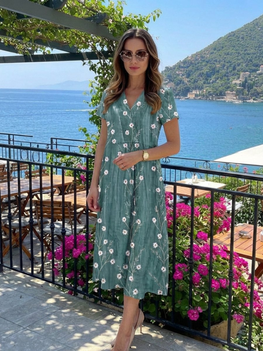 Women's Relaxed Floral Print Everyday Day Dress Short Sleeve Midi