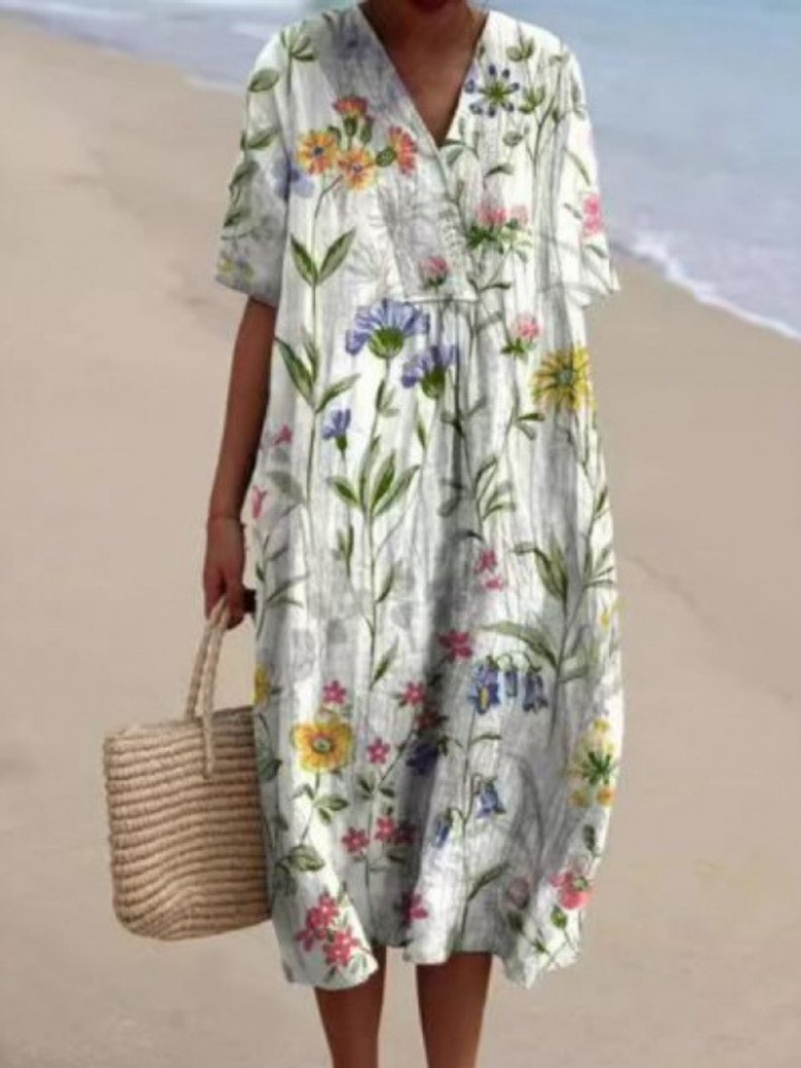 Women's Relaxed Floral Print Everyday Day Dress Short Sleeve Midi