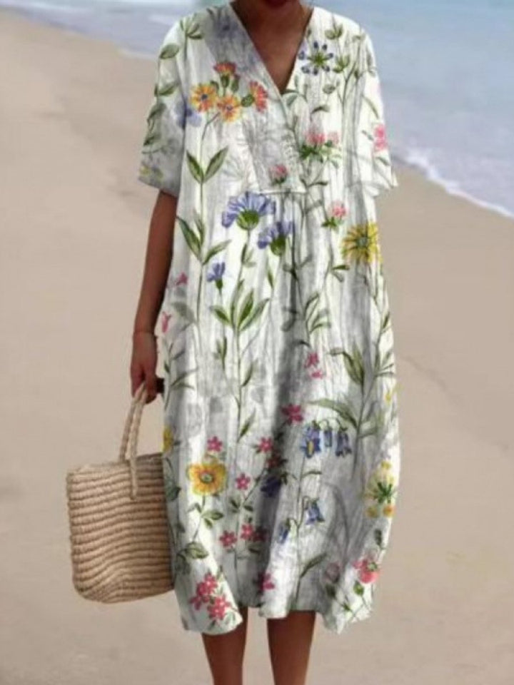 Women's Relaxed Floral Print Everyday Day Dress Short Sleeve Midi
